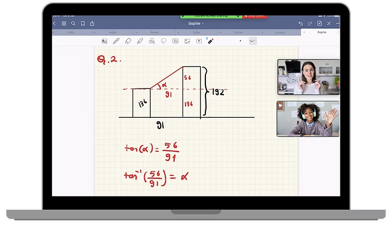 A real Avin Learning session: a tutor working through a trigonometry question on a shared digital whiteboard over Zoom